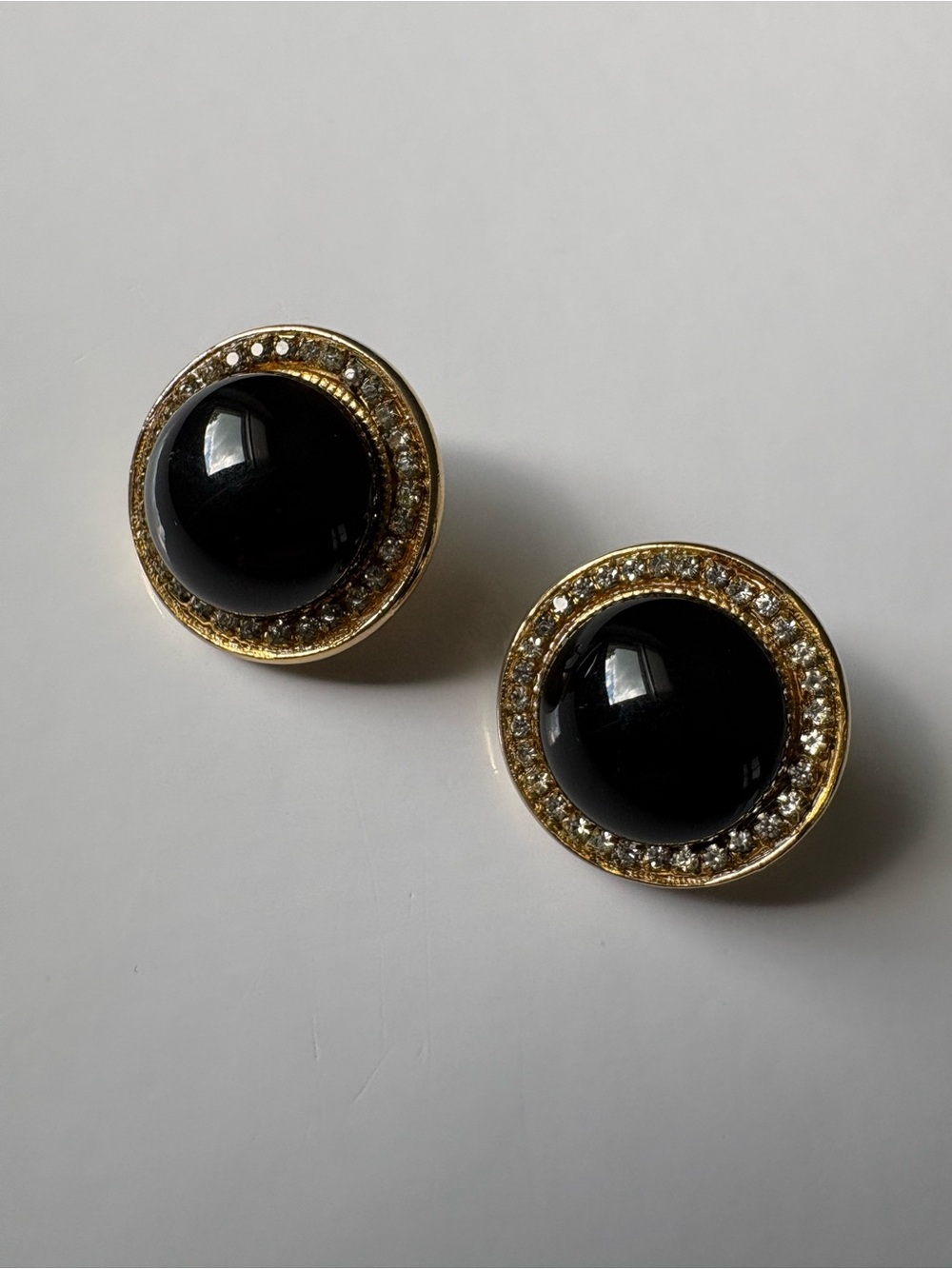 Estate Vintage Obsidian Gold Rhinestone Diamond Bezel Round Post Earrings